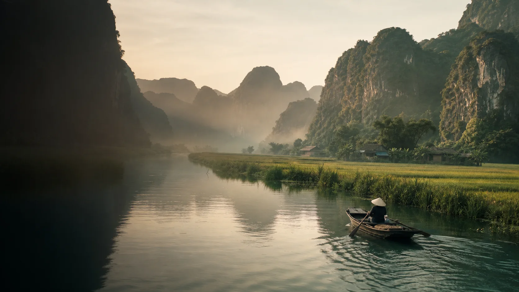 A quiet river journey through the limestone landscape of Ninh Binh